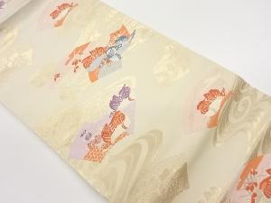 波に地紙・鴛鴦・草花模様織出し名古屋帯